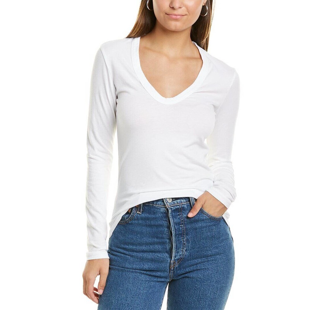 James Perse Women's Deep V-Neck Cotton Spandex Stretch Long Sleeve Tee T-Shirt
